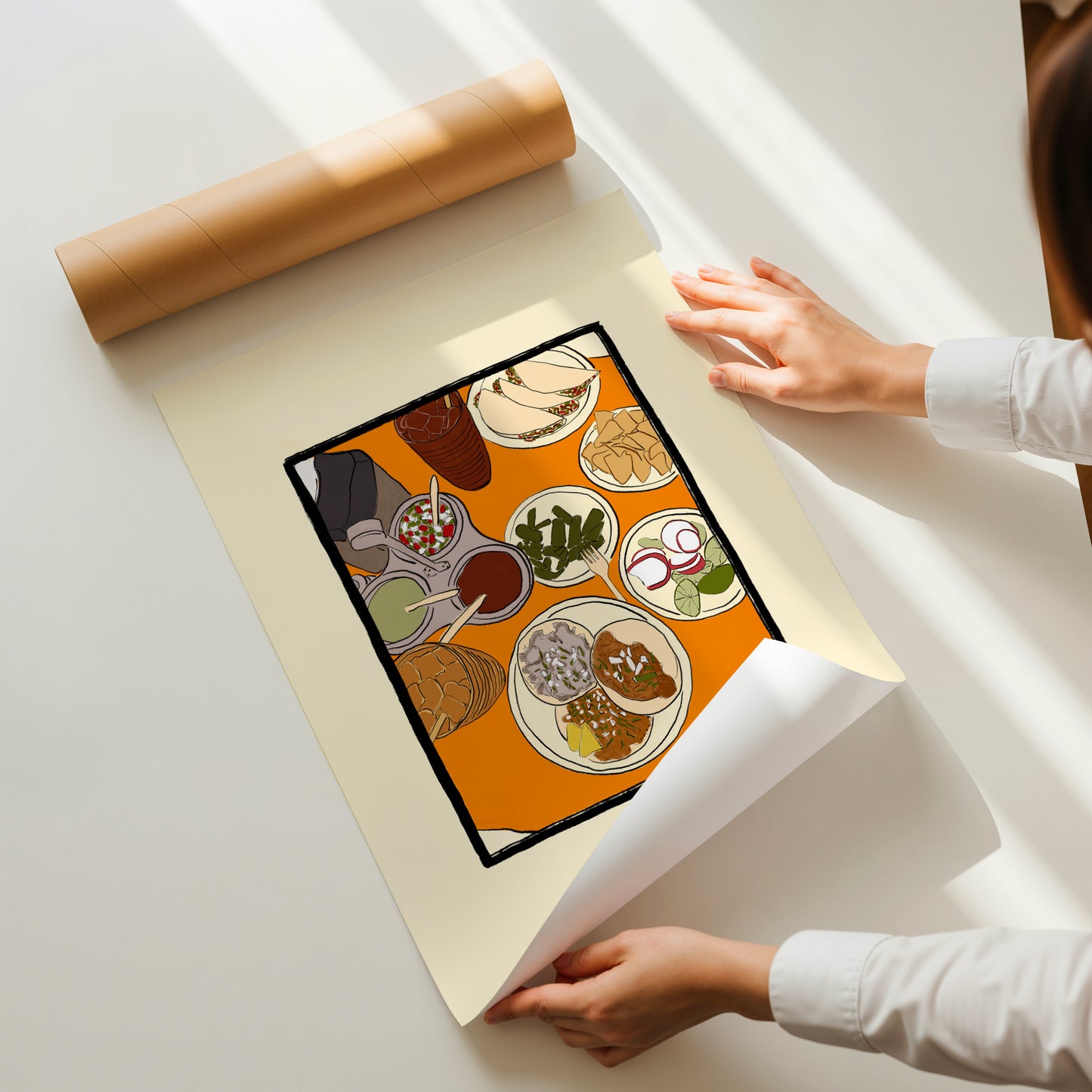 hand-drawn mexican lunch spread tacos salsas nopales orange table art print
