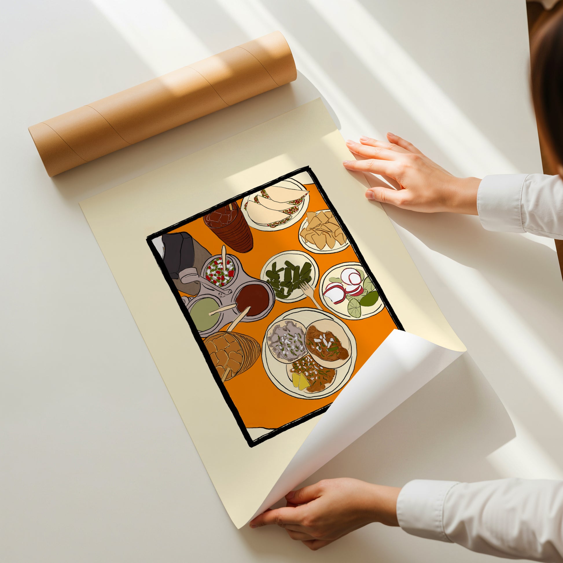 hand-drawn mexican lunch spread tacos salsas nopales orange table art print
