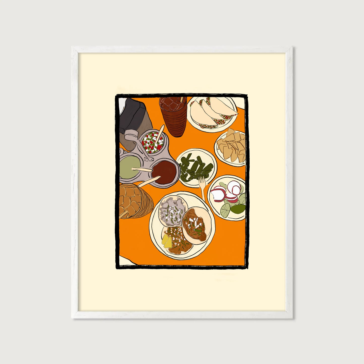 hand-drawn mexican lunch spread tacos salsas nopales orange table art print