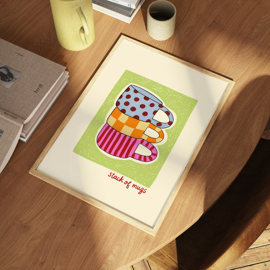 three stacked patterned mugs hand-drawn blue orange pink lime green background mug art print