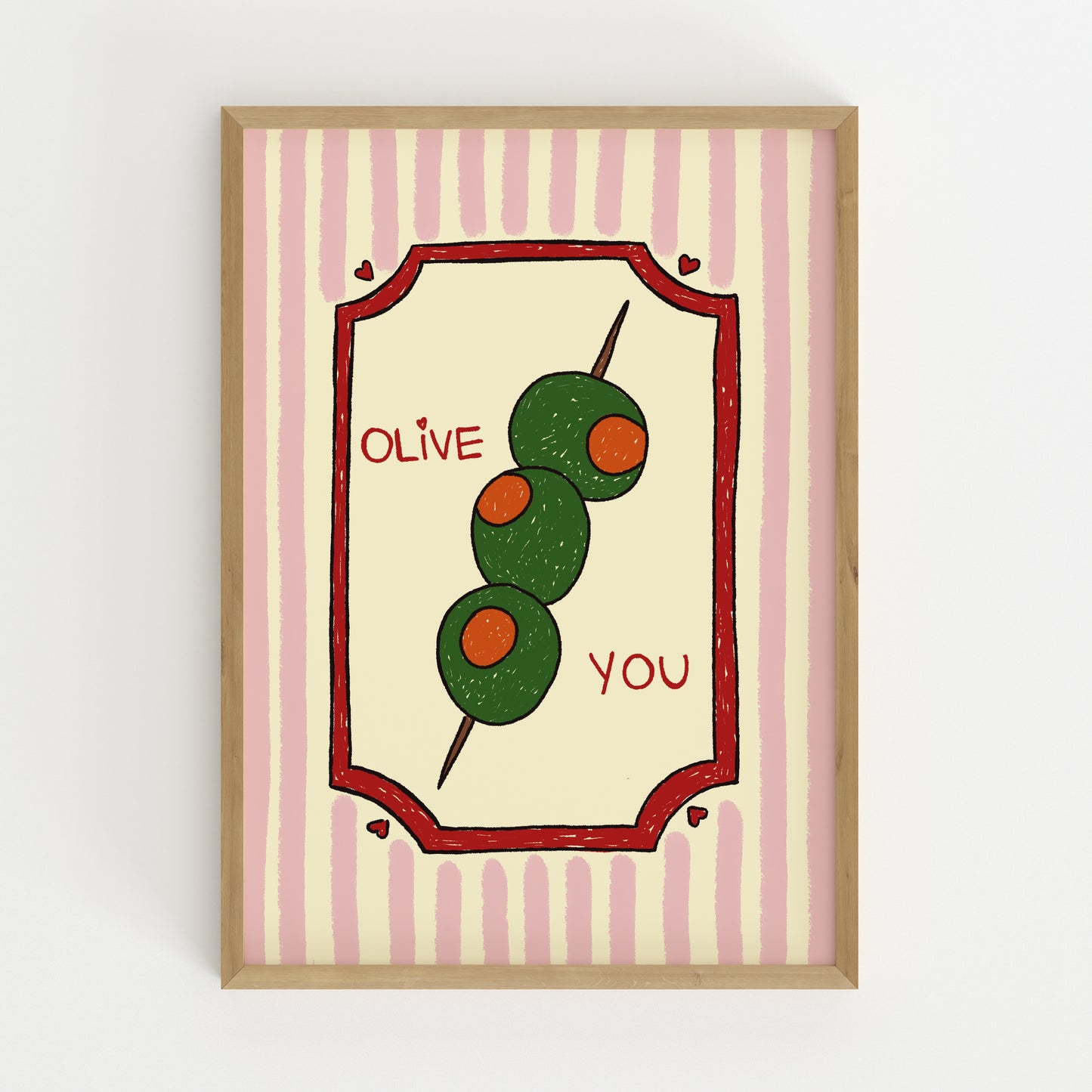hand-drawn green olives on cocktail stick pink striped background olive you pun art print