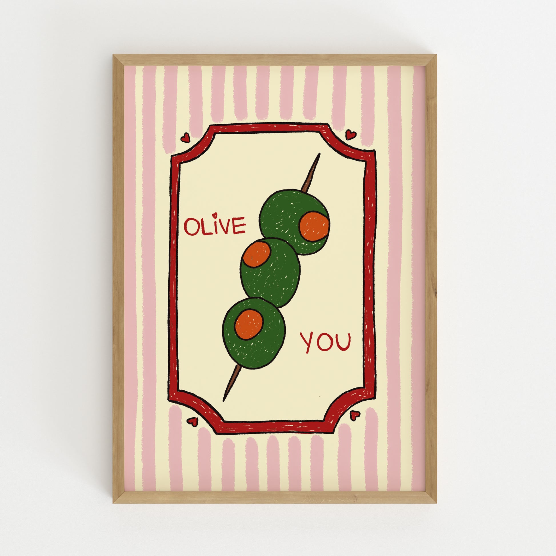 hand-drawn green olives on cocktail stick pink striped background olive you pun art print
