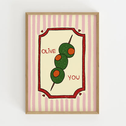 hand-drawn green olives on cocktail stick pink striped background olive you pun art print