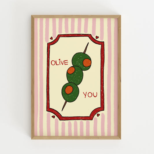 hand-drawn green olives on cocktail stick pink striped background olive you pun art print
