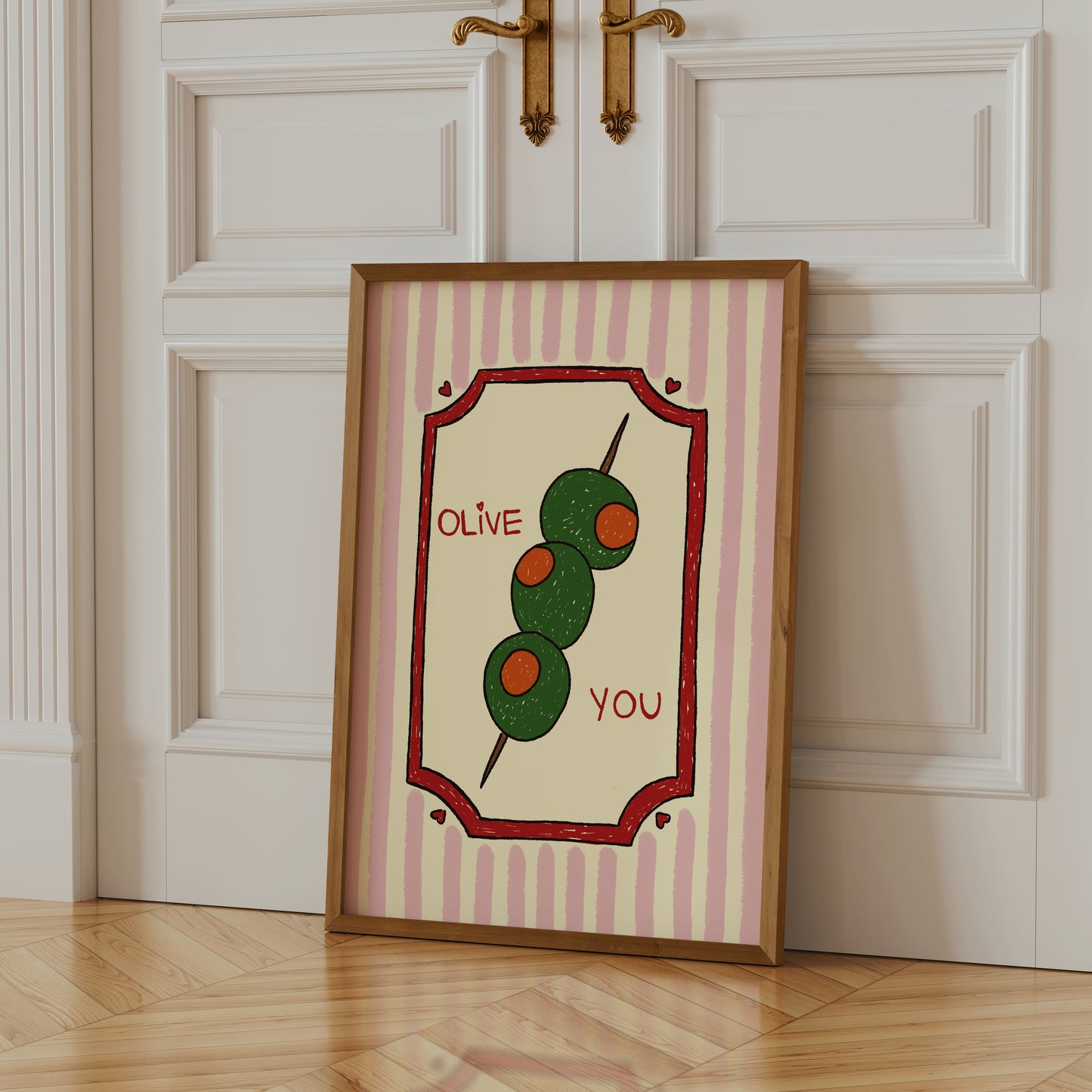 hand-drawn green olives on cocktail stick pink striped background olive you pun art print
