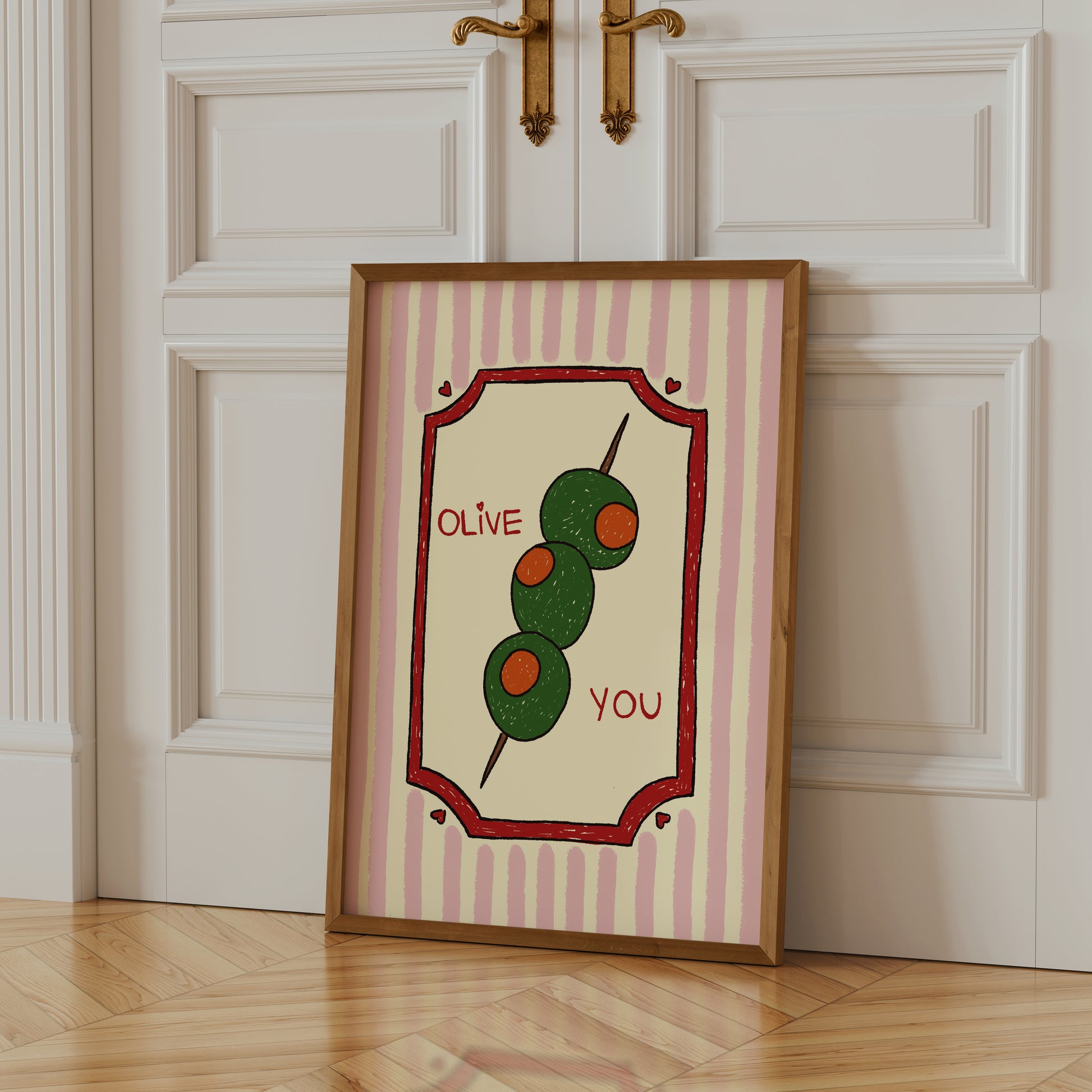 hand-drawn green olives on cocktail stick pink striped background olive you pun art print