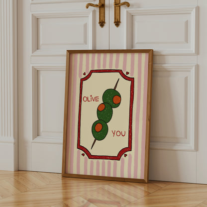 hand-drawn green olives on cocktail stick pink striped background olive you pun art print