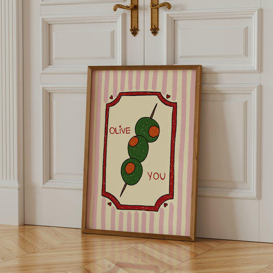 hand-drawn green olives on cocktail stick pink striped background olive you pun art print