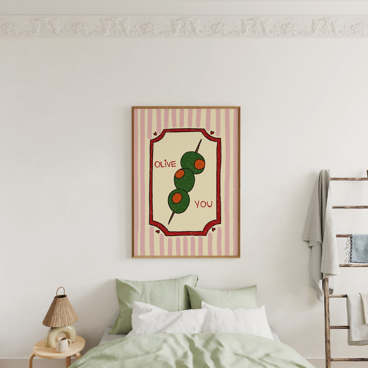 hand-drawn green olives on cocktail stick pink striped background olive you pun art print