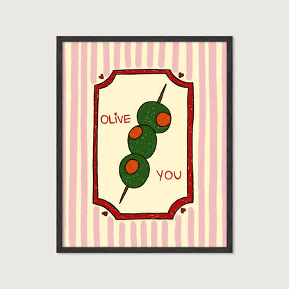 hand-drawn green olives on cocktail stick pink striped background olive you pun art print
