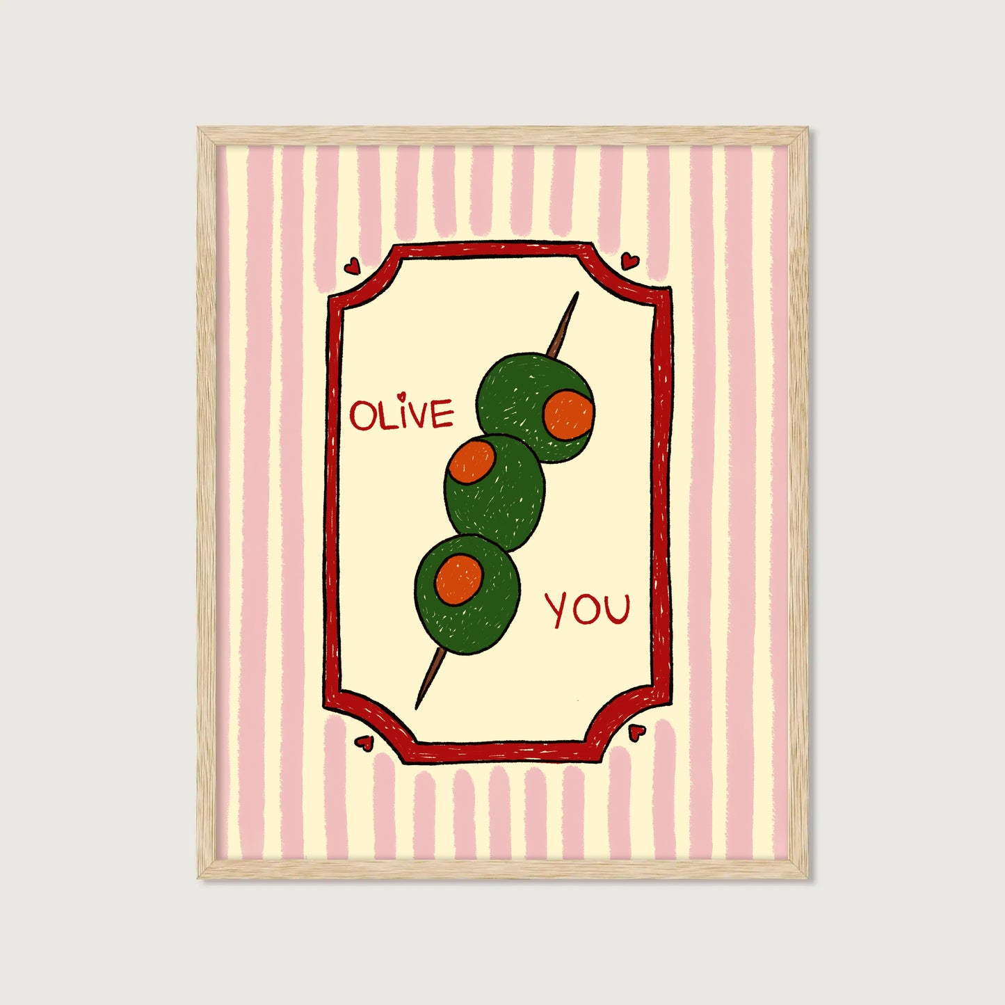 hand-drawn green olives on cocktail stick pink striped background olive you pun art print