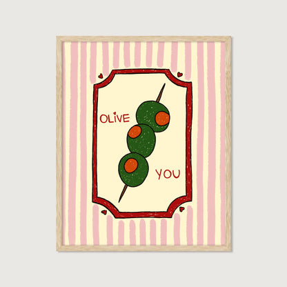 hand-drawn green olives on cocktail stick pink striped background olive you pun art print