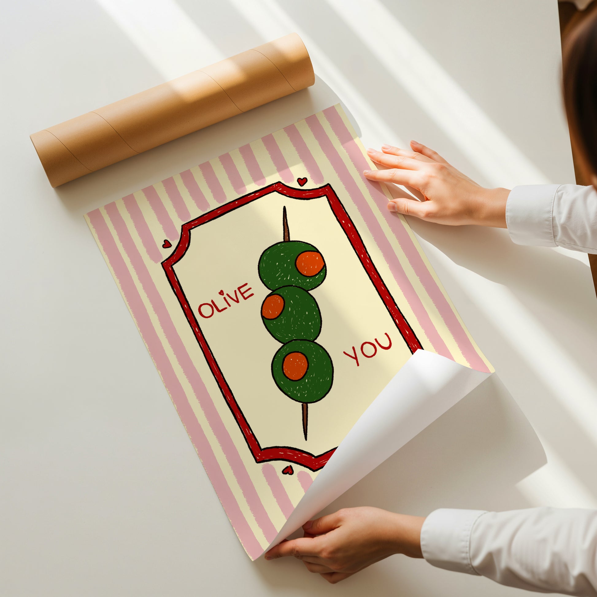 hand-drawn green olives on cocktail stick pink striped background olive you pun art print