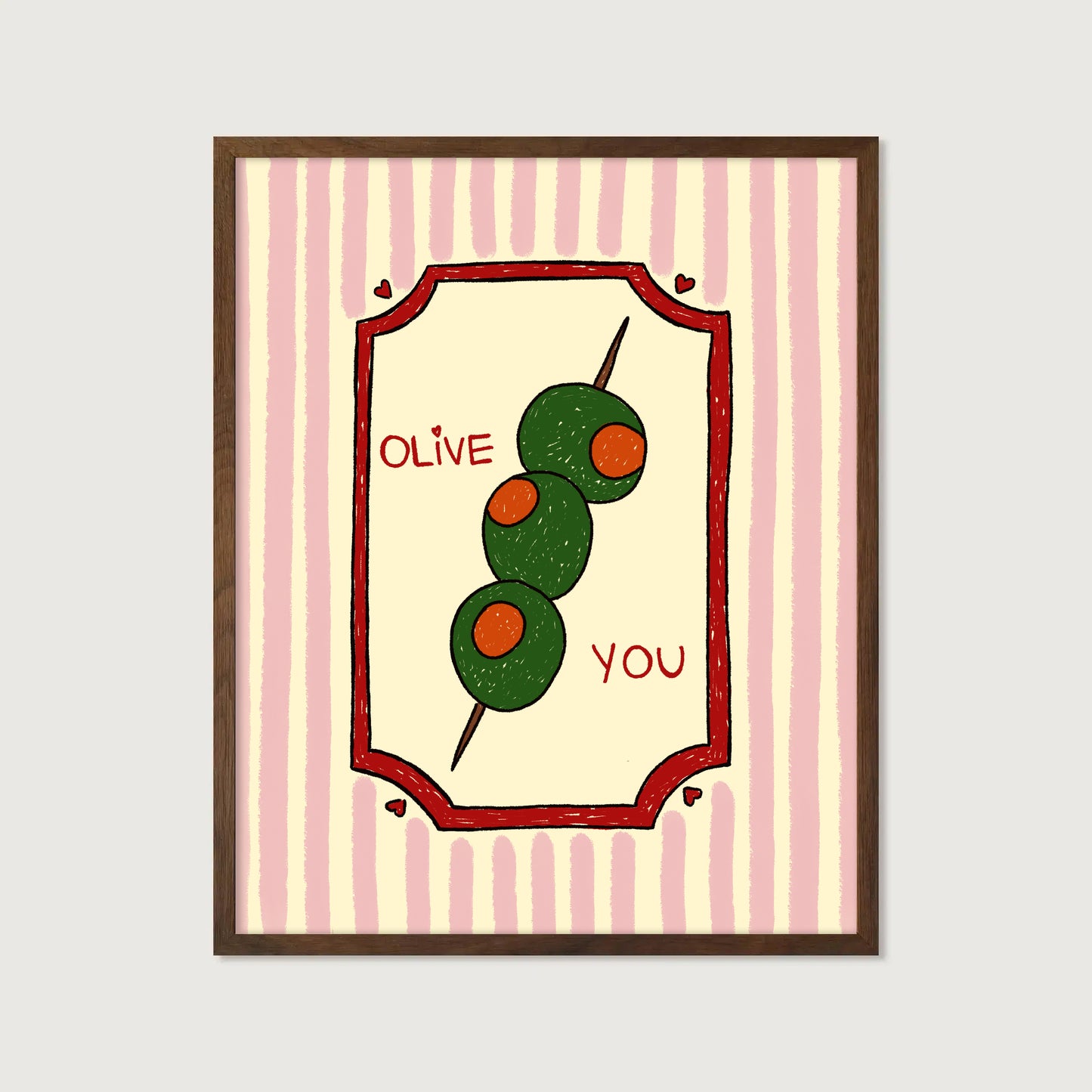 hand-drawn green olives on cocktail stick pink striped background olive you pun art print