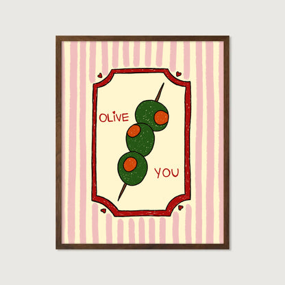 hand-drawn green olives on cocktail stick pink striped background olive you pun art print