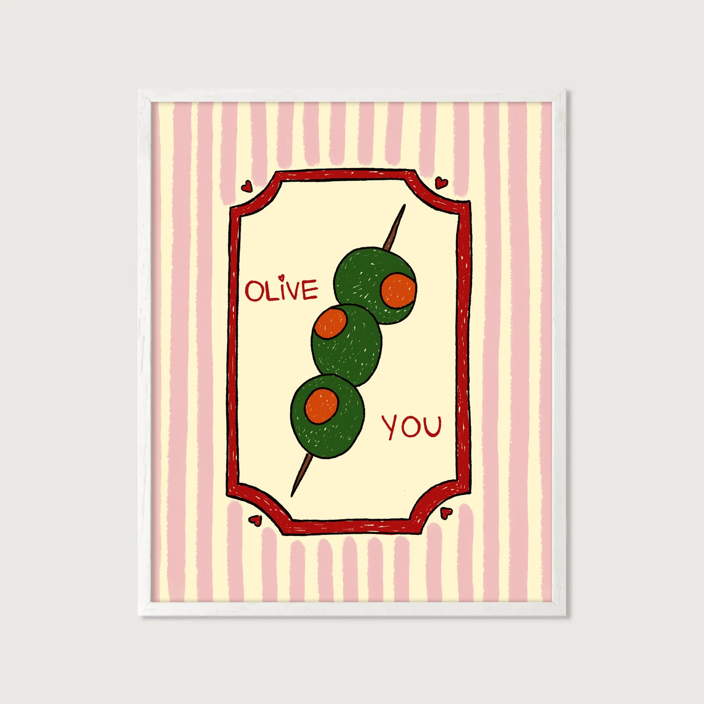 hand-drawn green olives on cocktail stick pink striped background olive you pun art print
