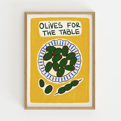green olives on plate hand-drawn illustration yellow background mediterranean kitchen art print