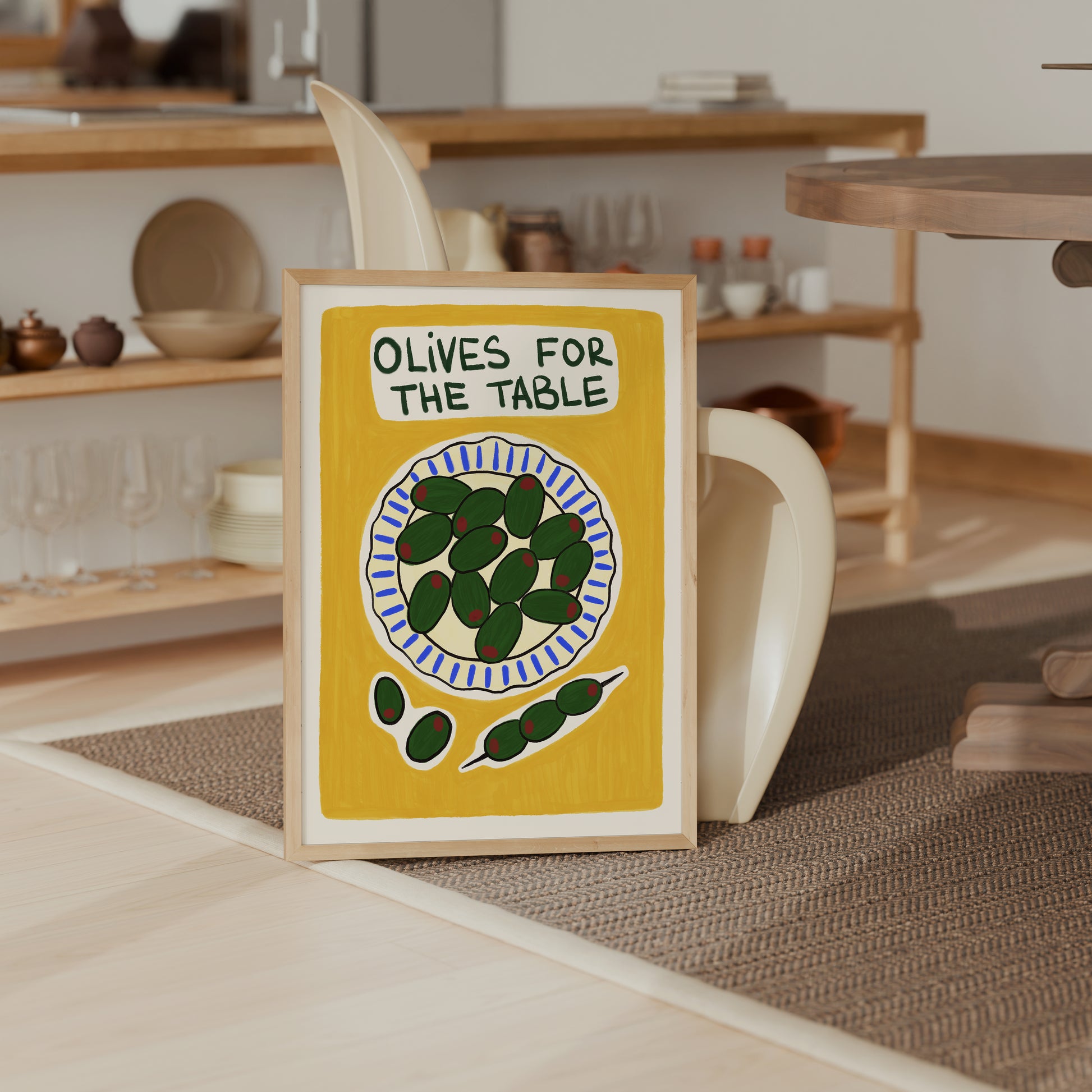 green olives on plate hand-drawn illustration yellow background mediterranean kitchen art print