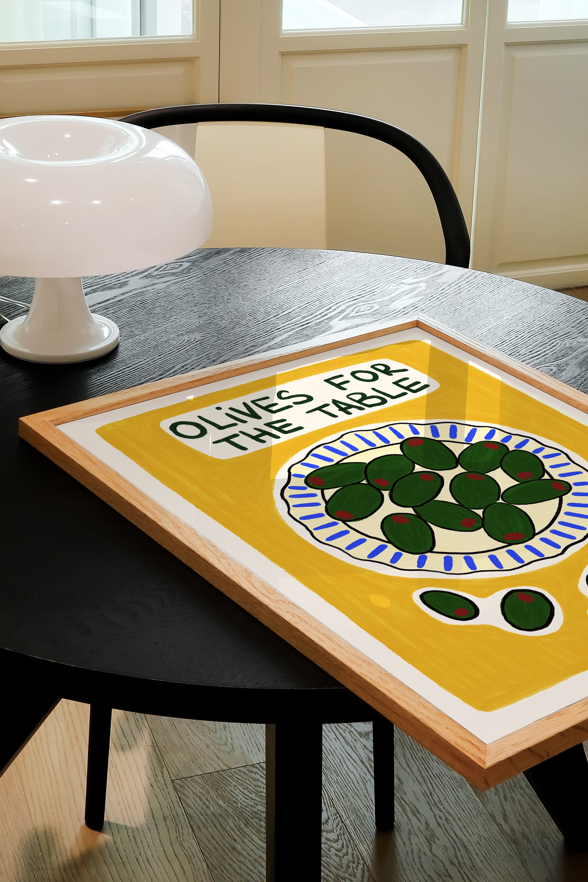 green olives on plate hand-drawn illustration yellow background mediterranean kitchen art print