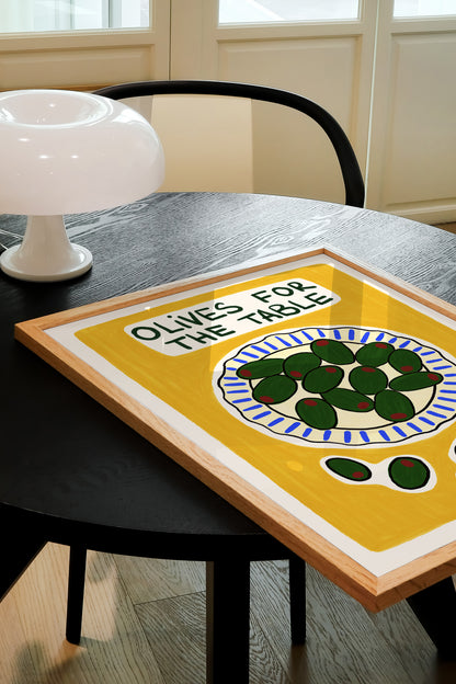 green olives on plate hand-drawn illustration yellow background mediterranean kitchen art print