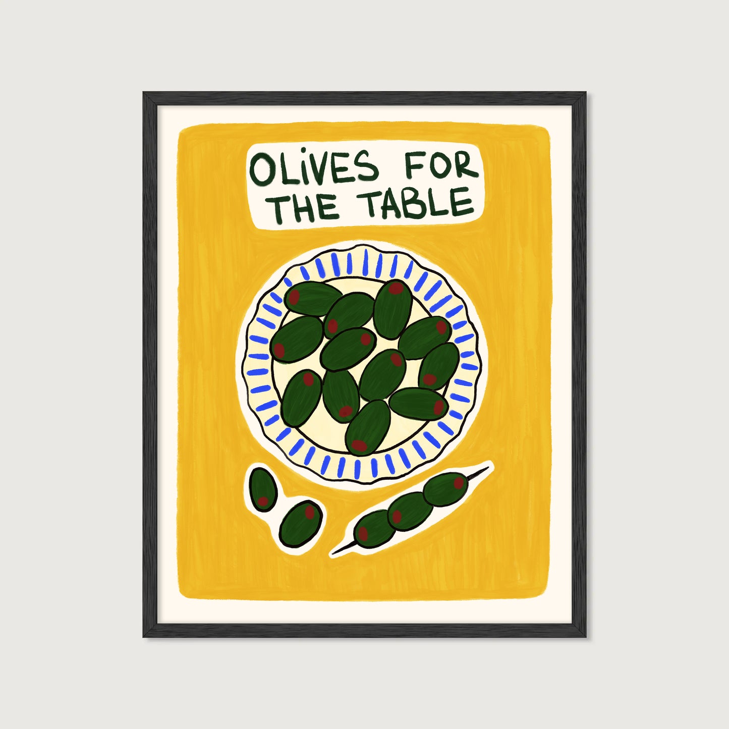 green olives on plate hand-drawn illustration yellow background mediterranean kitchen art print
