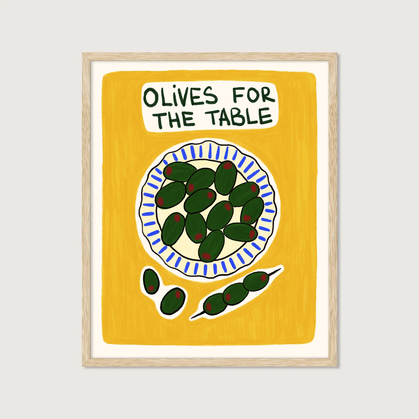 green olives on plate hand-drawn illustration yellow background mediterranean kitchen art print