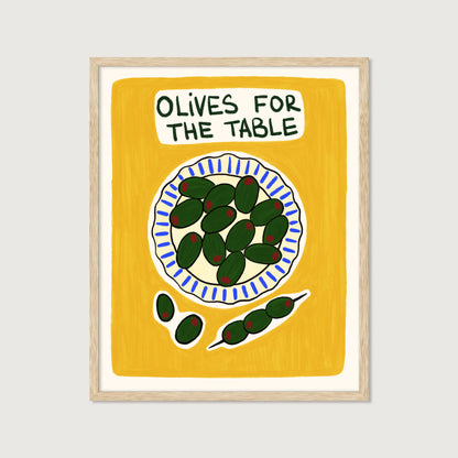 green olives on plate hand-drawn illustration yellow background mediterranean kitchen art print