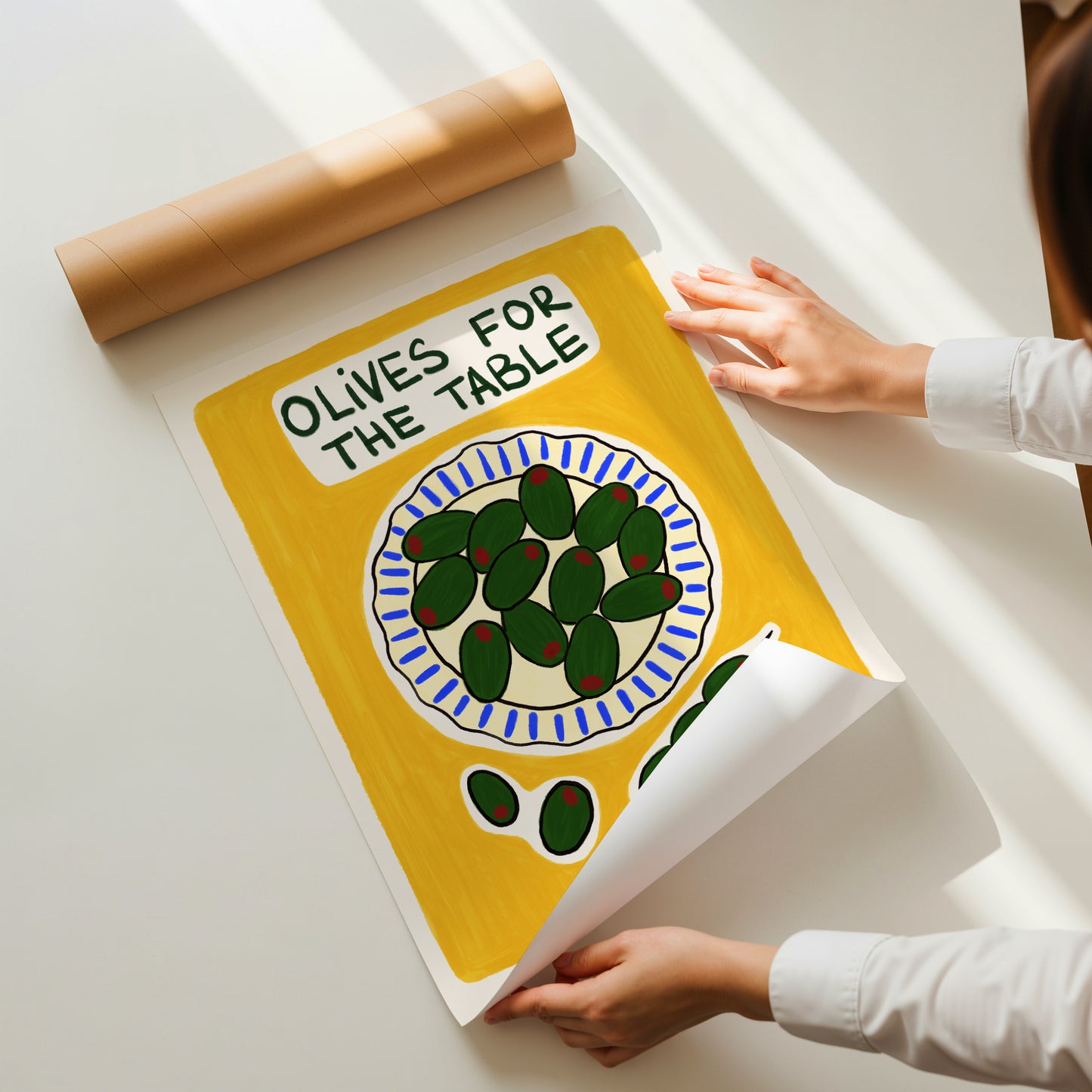 green olives on plate hand-drawn illustration yellow background mediterranean kitchen art print