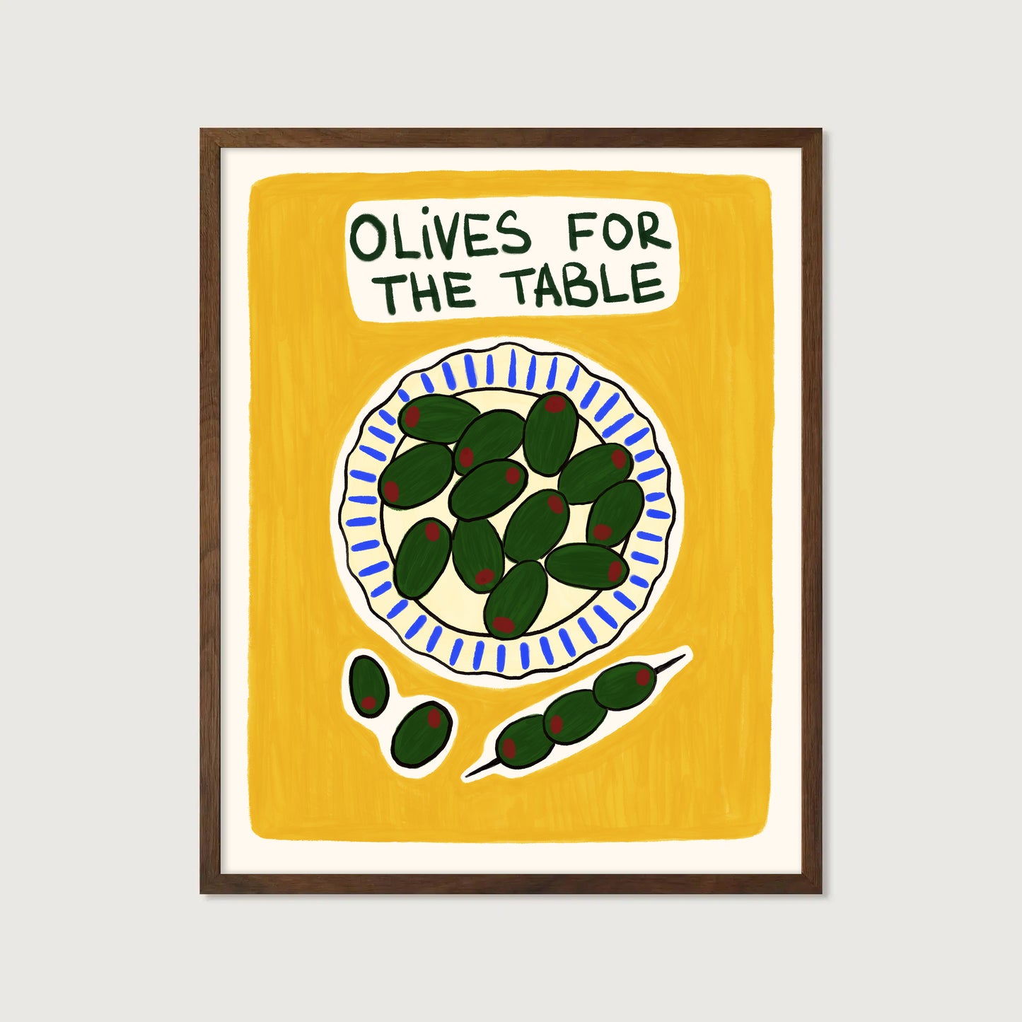 green olives on plate hand-drawn illustration yellow background mediterranean kitchen art print