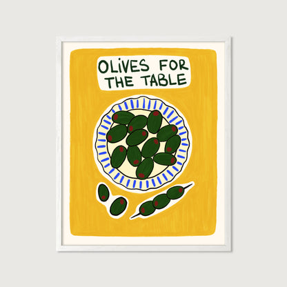 green olives on plate hand-drawn illustration yellow background mediterranean kitchen art print