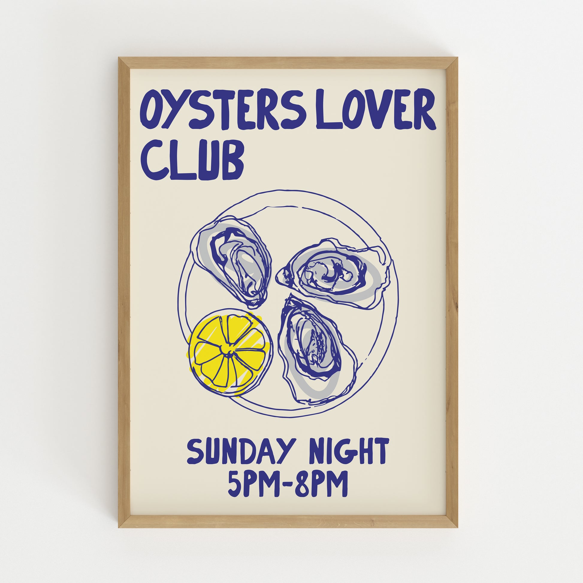 hand-drawn oysters lemon wedge plate blue yellow cream background oyster lover club art print