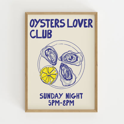 hand-drawn oysters lemon wedge plate blue yellow cream background oyster lover club art print
