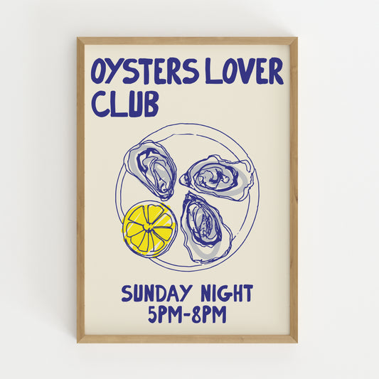 hand-drawn oysters lemon wedge plate blue yellow cream background oyster lover club art print