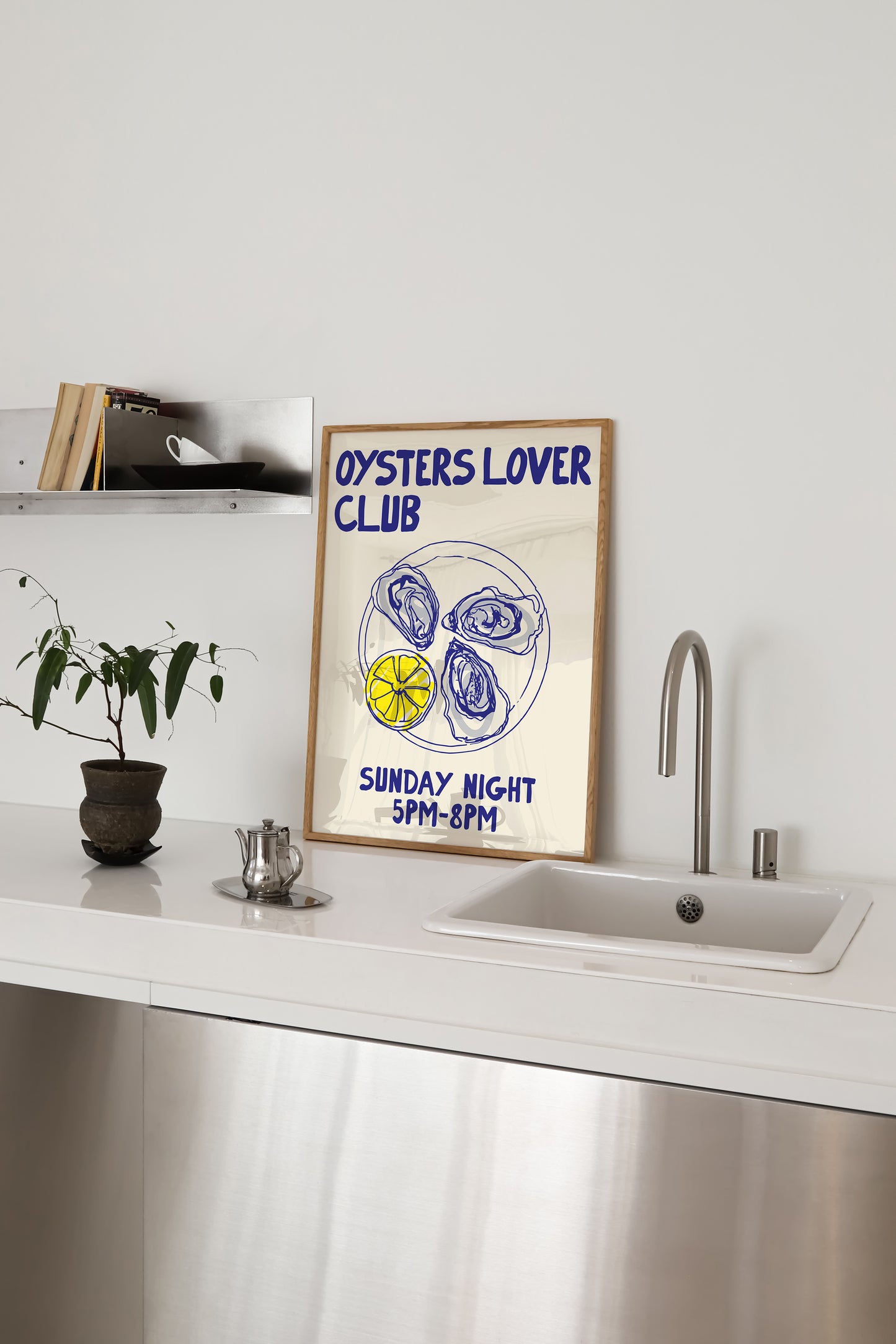 hand-drawn oysters lemon wedge plate blue yellow cream background oyster lover club art print