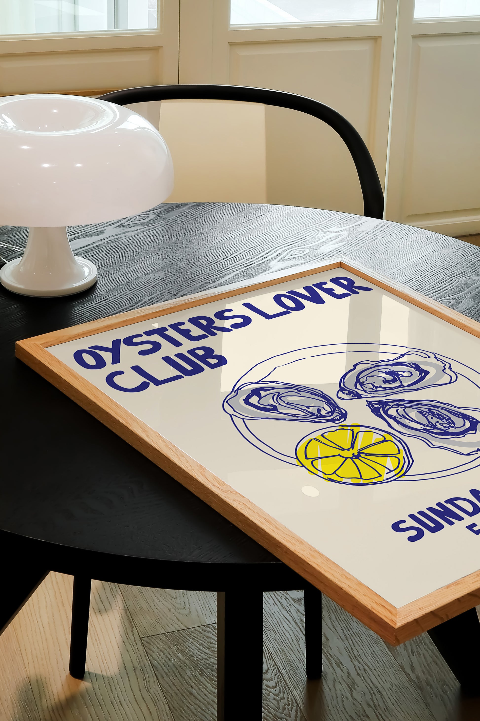 hand-drawn oysters lemon wedge plate blue yellow cream background oyster lover club art print