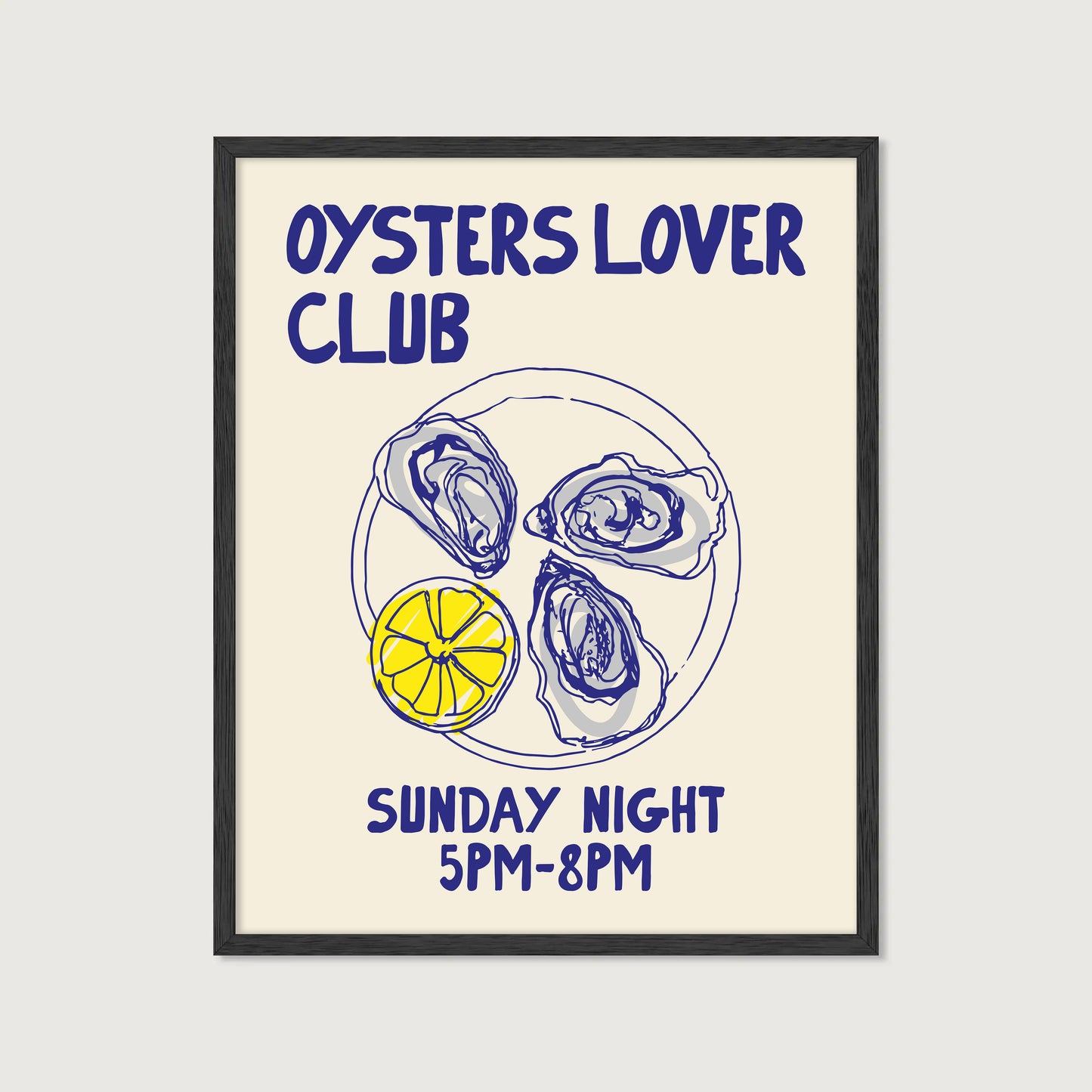 hand-drawn oysters lemon wedge plate blue yellow cream background oyster lover club art print
