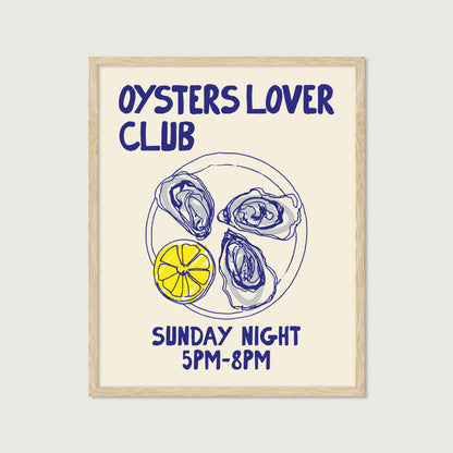 hand-drawn oysters lemon wedge plate blue yellow cream background oyster lover club art print