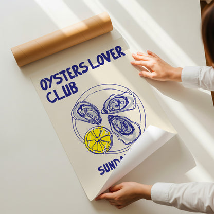 hand-drawn oysters lemon wedge plate blue yellow cream background oyster lover club art print