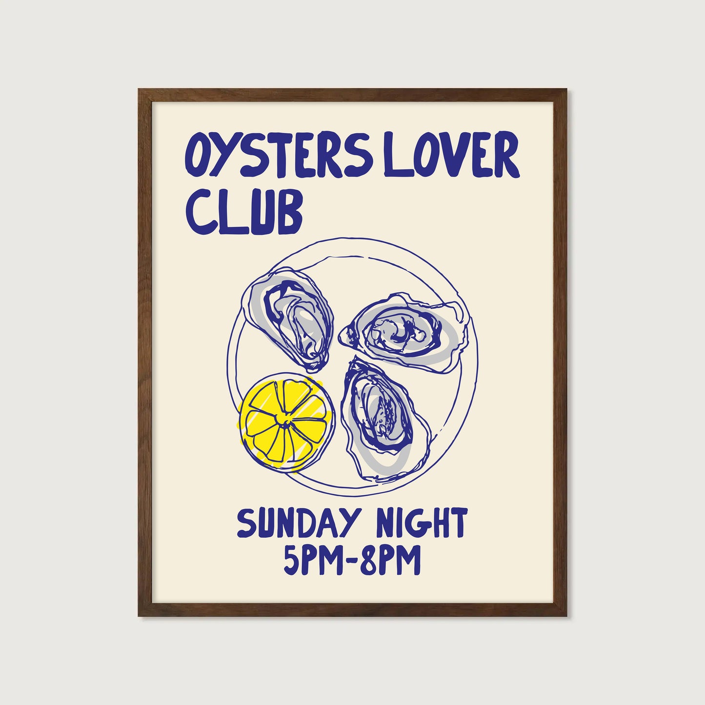 hand-drawn oysters lemon wedge plate blue yellow cream background oyster lover club art print