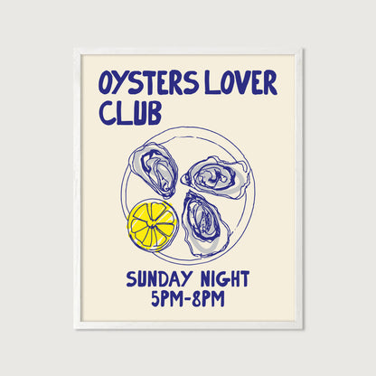 hand-drawn oysters lemon wedge plate blue yellow cream background oyster lover club art print