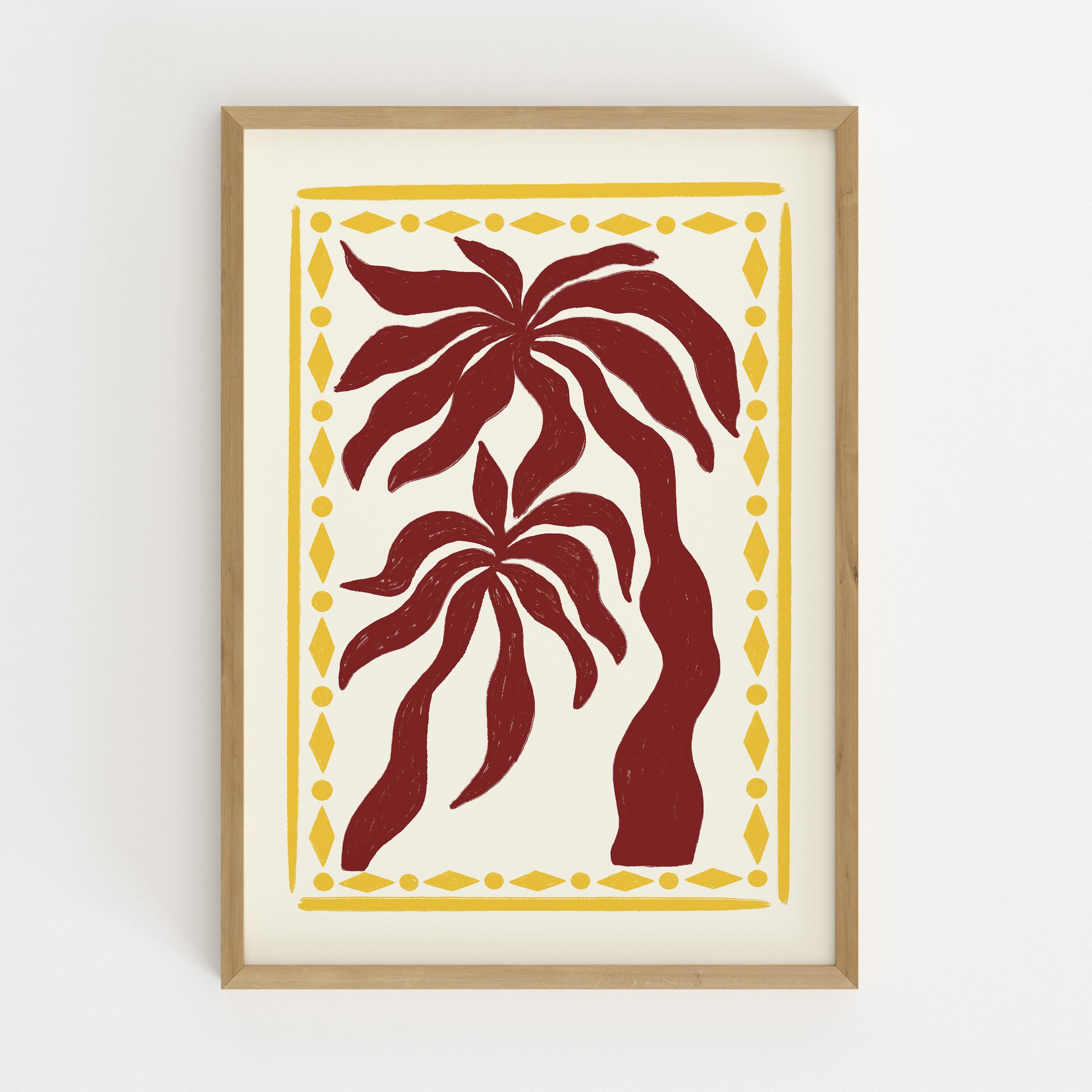 hand-drawn dark red palm trees golden diamond border cream background tropical art print