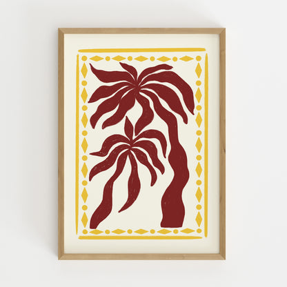 hand-drawn dark red palm trees golden diamond border cream background tropical art print