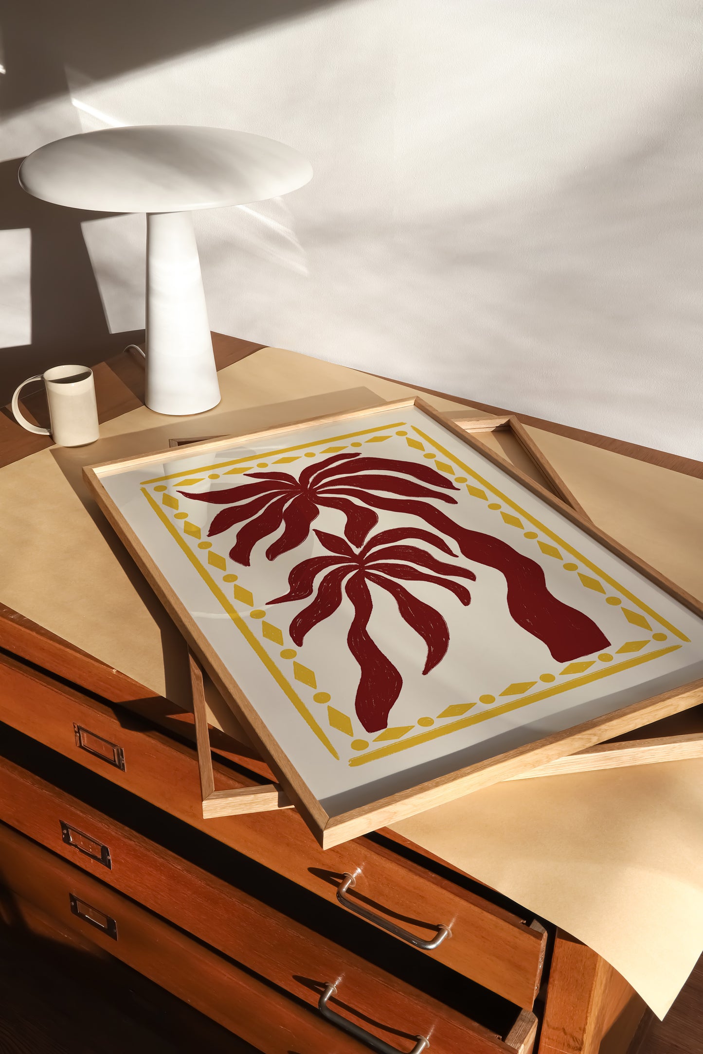 hand-drawn dark red palm trees golden diamond border cream background tropical art print