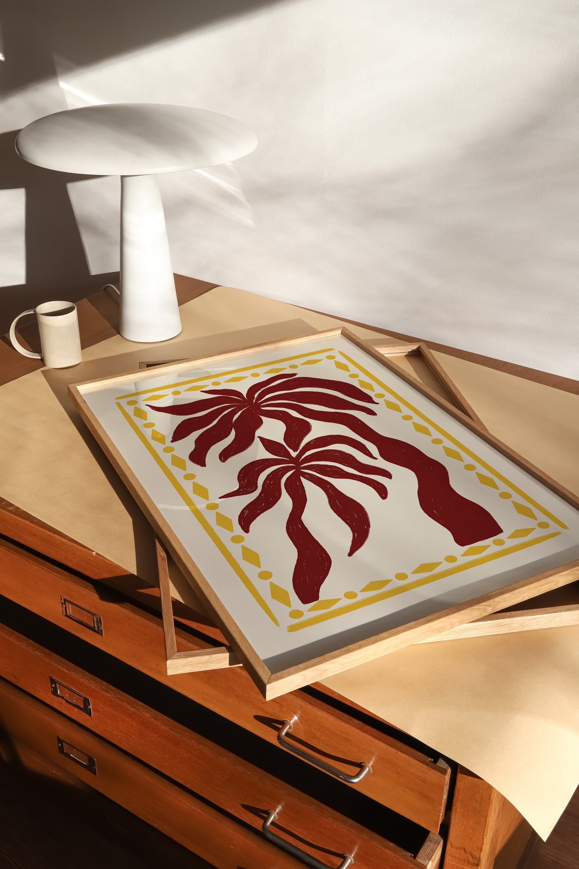 hand-drawn dark red palm trees golden diamond border cream background tropical art print