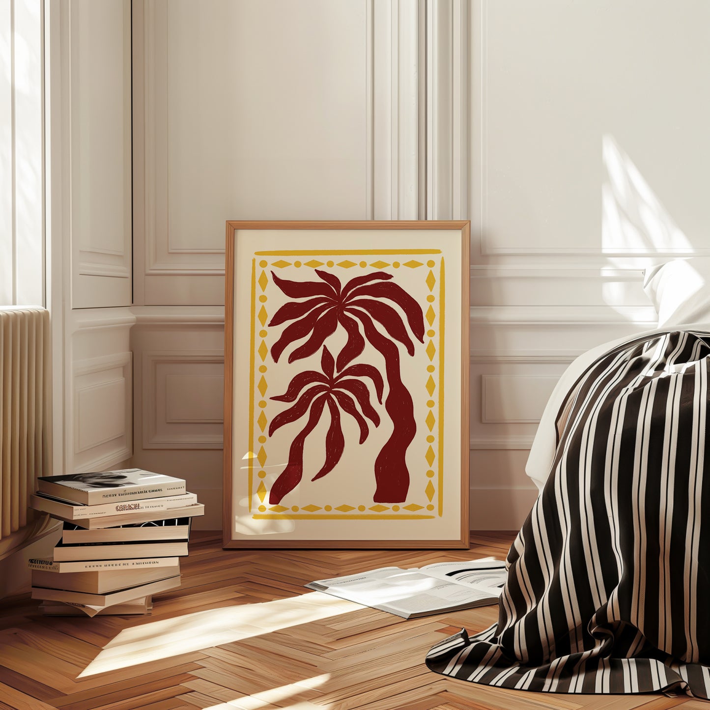 hand-drawn dark red palm trees golden diamond border cream background tropical art print