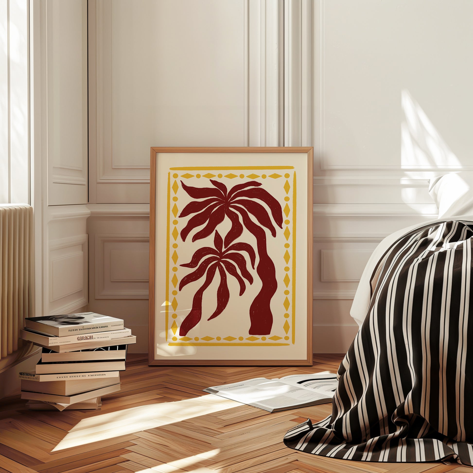 hand-drawn dark red palm trees golden diamond border cream background tropical art print