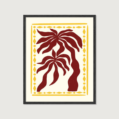 hand-drawn dark red palm trees golden diamond border cream background tropical art print