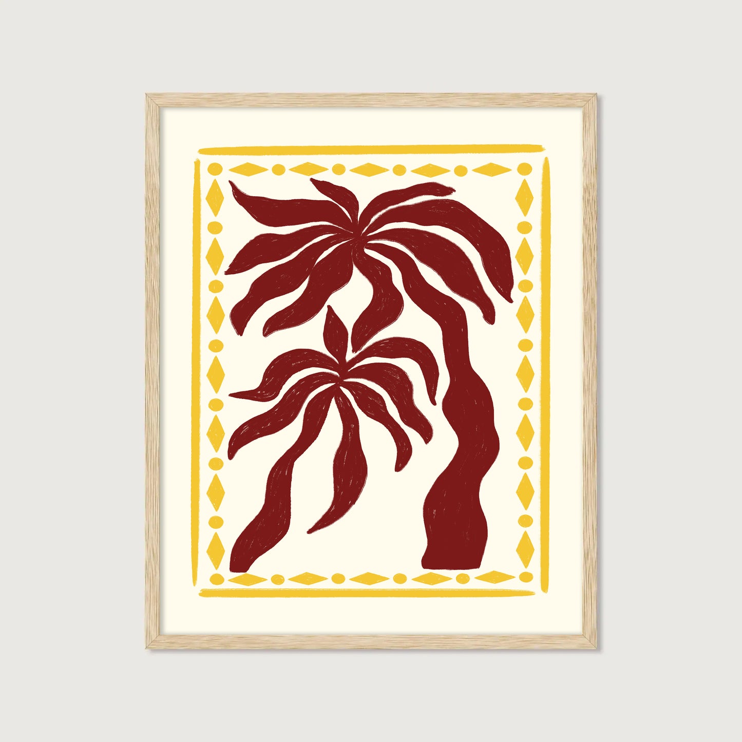 hand-drawn dark red palm trees golden diamond border cream background tropical art print