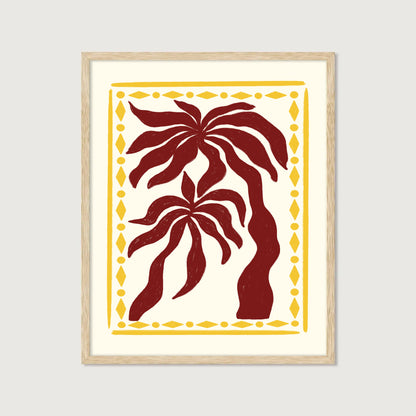 hand-drawn dark red palm trees golden diamond border cream background tropical art print