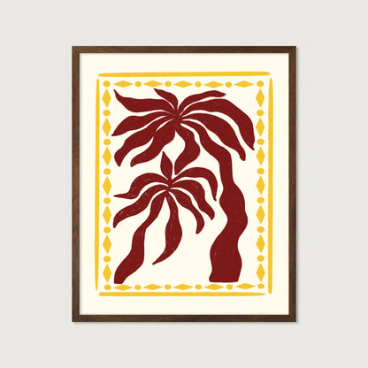 hand-drawn dark red palm trees golden diamond border cream background tropical art print